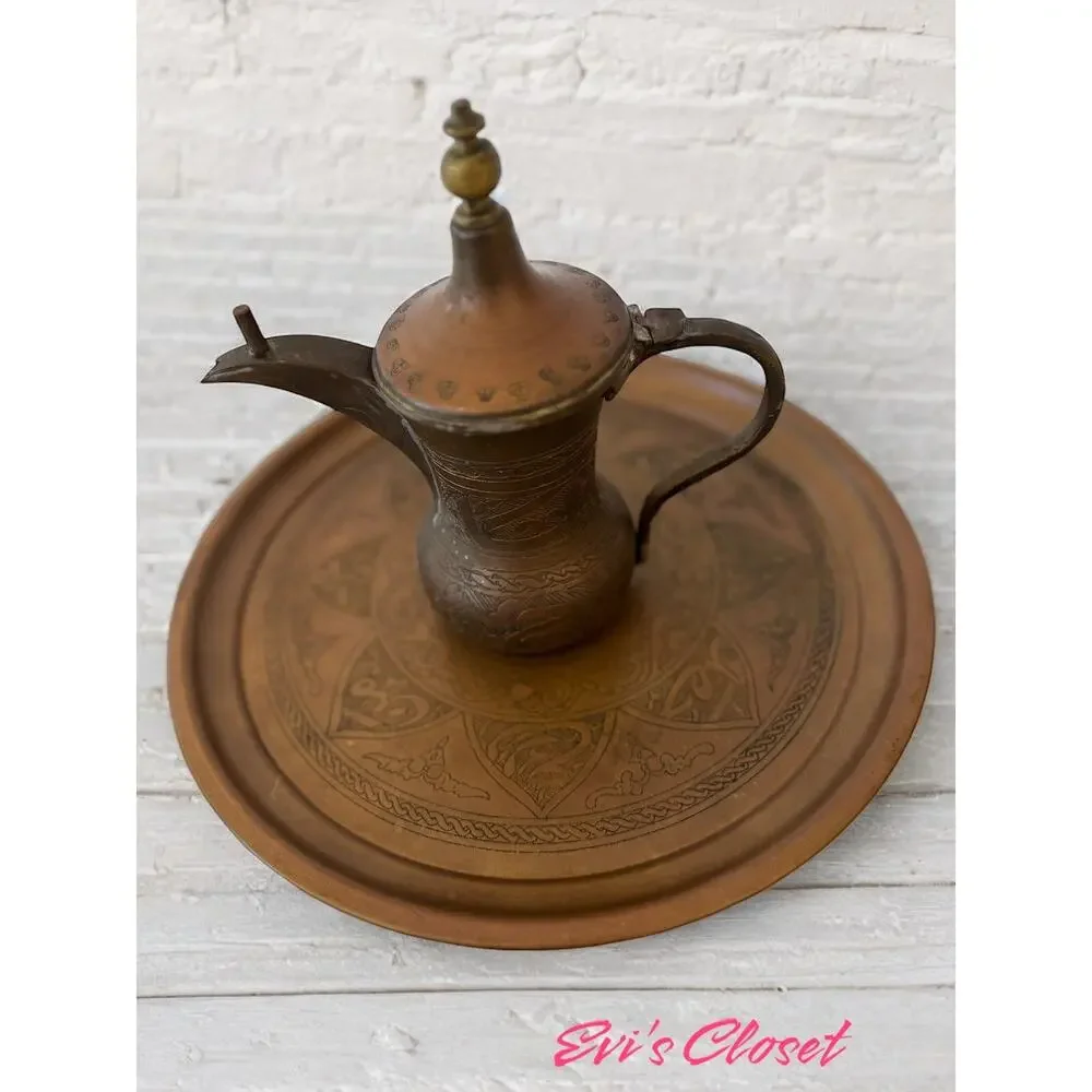 Copper Dallah Coffee Pot Maker And Serving Plate Middle Eastern Moroccan